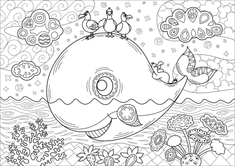 Whale And Cormorant Birds Coloring Page